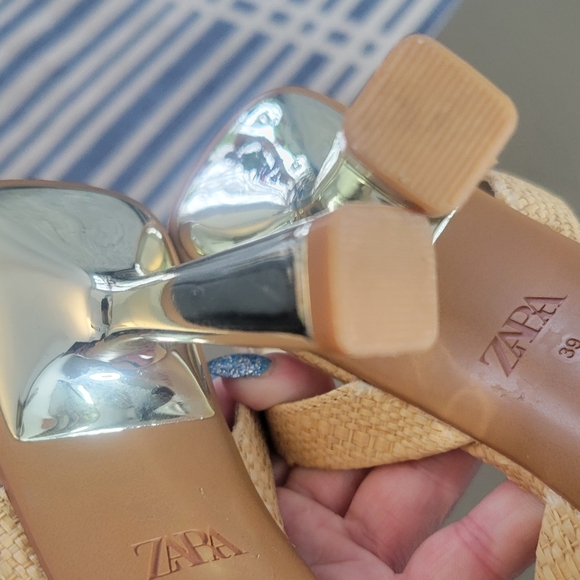 Zara Tan Raffia Straw Slingback Woven Pointed Toe Silver Fan Heel Shoes 39 US 8 - Picture 12 of 13